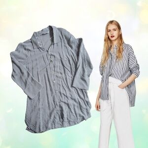 Zara Oversized Gray & White Pinstripe Button Down Viscose Shirt L